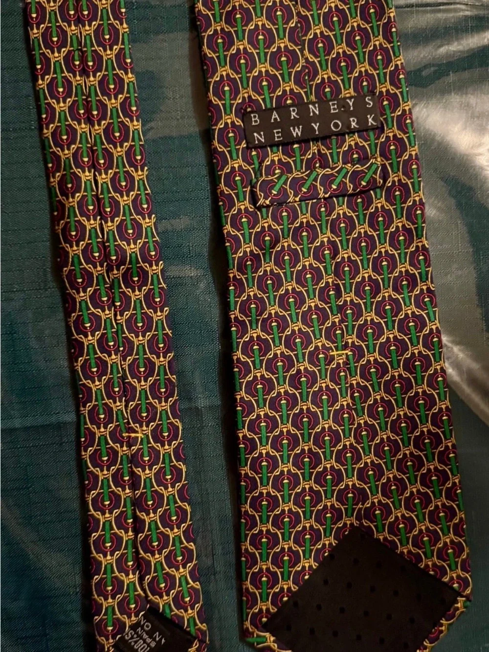 Barney’s Men's Patterned Silk Tie in Green, Red and Yellow